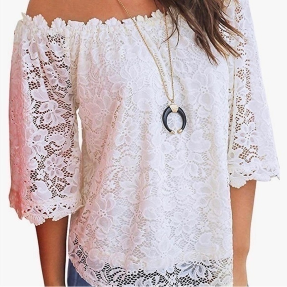 Miholl White Top Elastic Off The Shoulder Neckline Lace Blouse Top Size S
